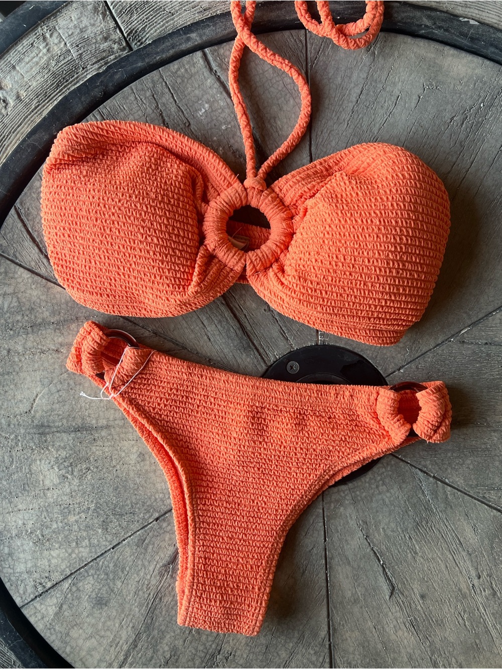 Bozzolo Vibrant Orange Textured Bikini Set with Ring Accent Small B11